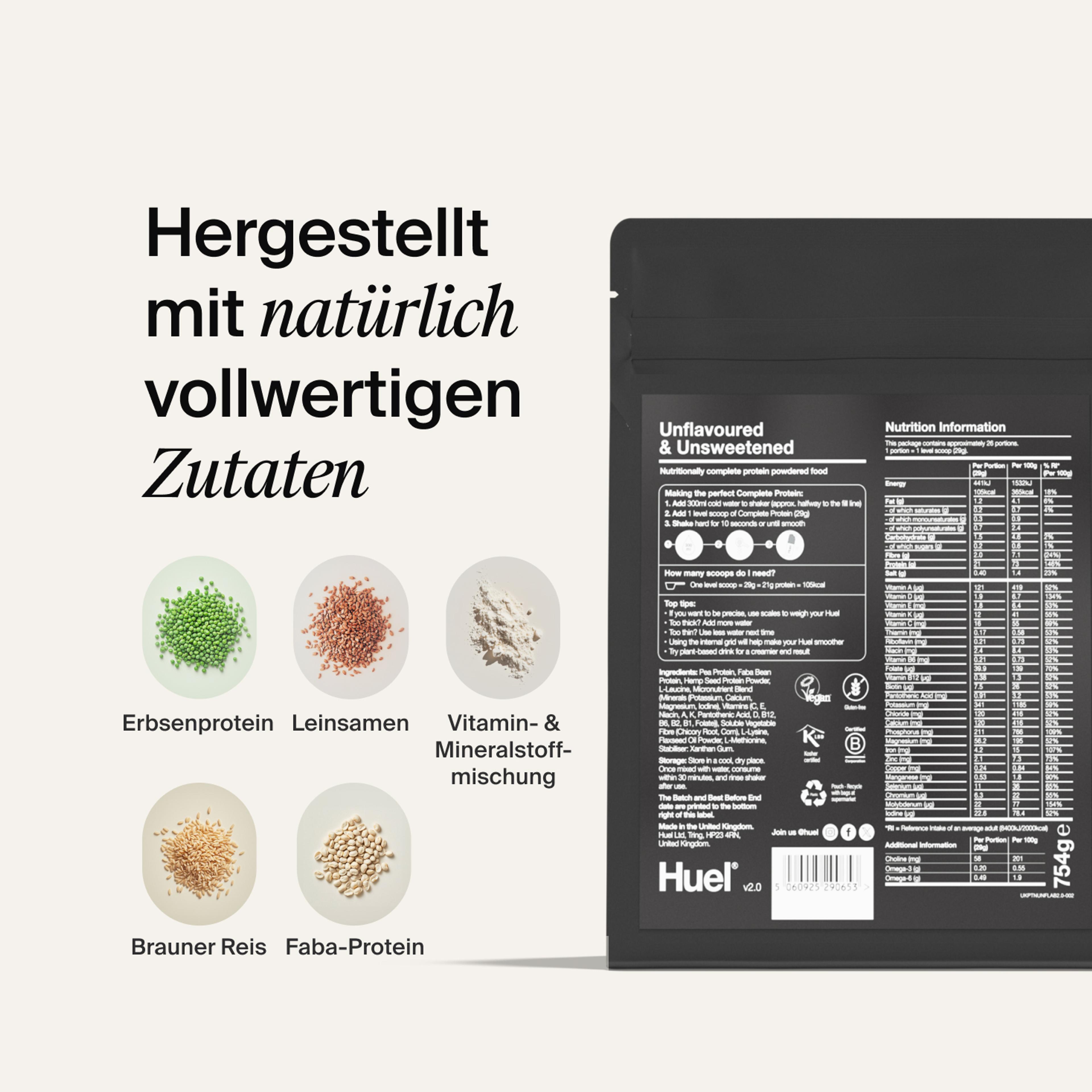 the back of a Huel complete protein powder bag containing nutritional information