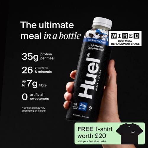 Huel Black Edition Ready-to-drink bottle held in hand, alongside text highlighting 35g protein, 26 vitamins and minerals, up to 7g fibre, and no artificial sweeteners.