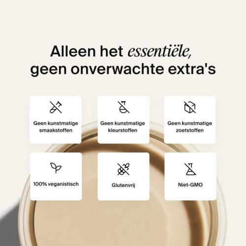 Above shot of a glass of Huel RTD on a neutral colour background