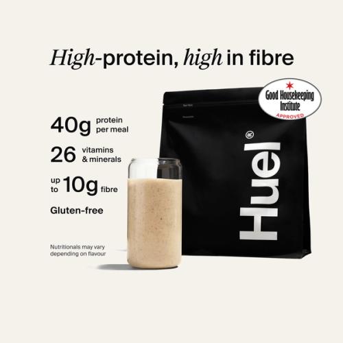 Alt: Huel Black Edition Powder bag with a prepared shake, alongside text highlighting 40g protein, 26 vitamins and minerals, up to 10g fibre, and that it is gluten-free.