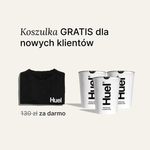 Darmowa koszulka i dostawa przy pierwszym zamówieniu. Napis z grafiką przedstawiającą darmową koszulkę oraz 3 garnki Huel