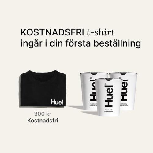 Gratis t-shirt och leverans med din första beställningstext med bilder av den kostnadsfria T-shirten tillsammans med 3 Huel Pots