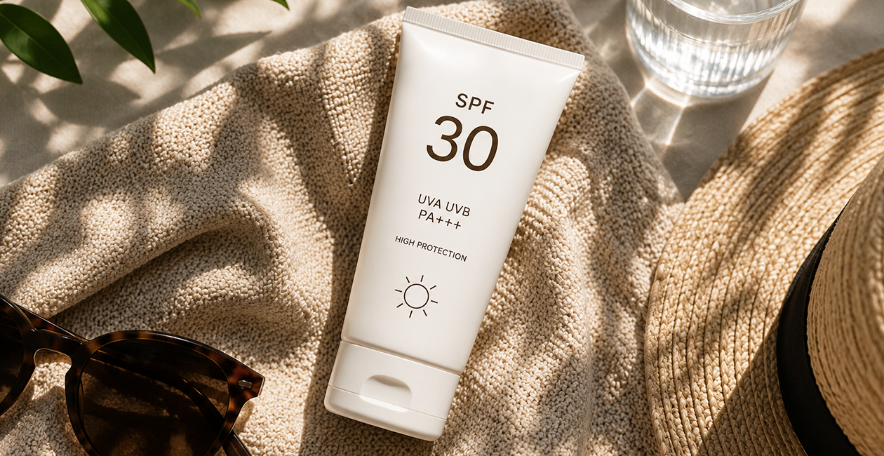 A bottle of spf 30 suncream on a beige towel and a pair of sunglasses in the corner