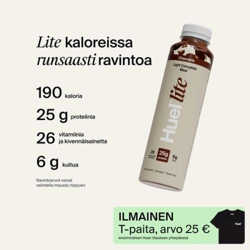 Kuva Huel Lite Ready-to-drink -tölkistä, jossa on ravintotietoja.