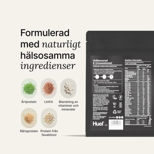 the back of a Huel complete protein powder bag containing nutritional information