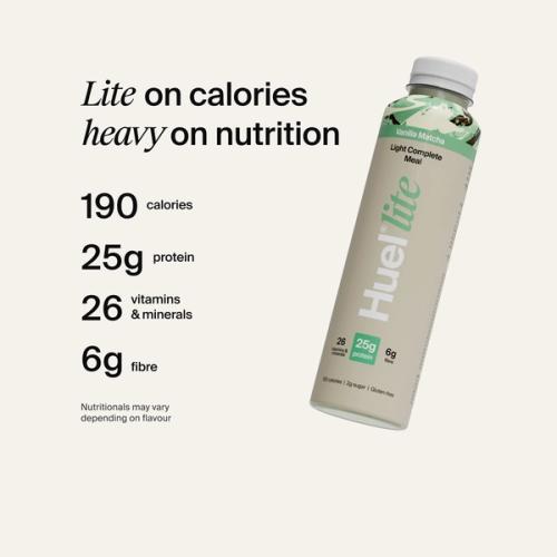 Huel Ready-to-drink Lite bottle, alongside text highlighting 190 calories, 25g protein, 26 vitamins and minerals, and 6g fibre.