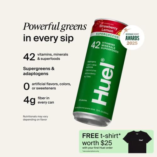 A picture of a Daily Greens ready-to-drink can with nutrition callouts