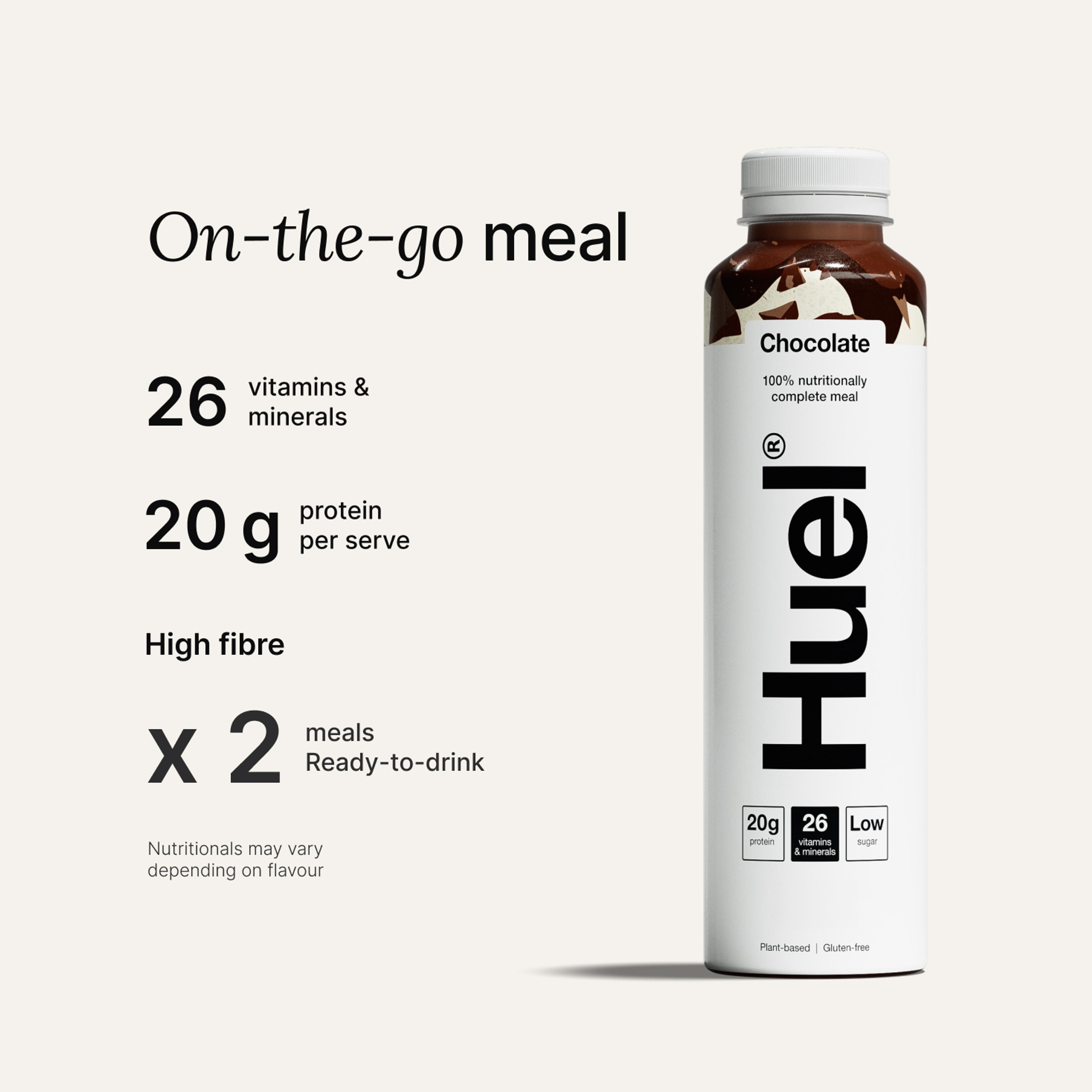 A bottle of Chocolate Huel Ready-to-drink high-protein meal drink