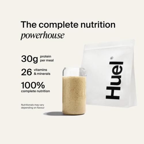 Huel Powder bag with a prepared shake, alongside text highlighting 40g protein, 26 vitamins and minerals, up to 10g fibre, and that it is gluten-free.