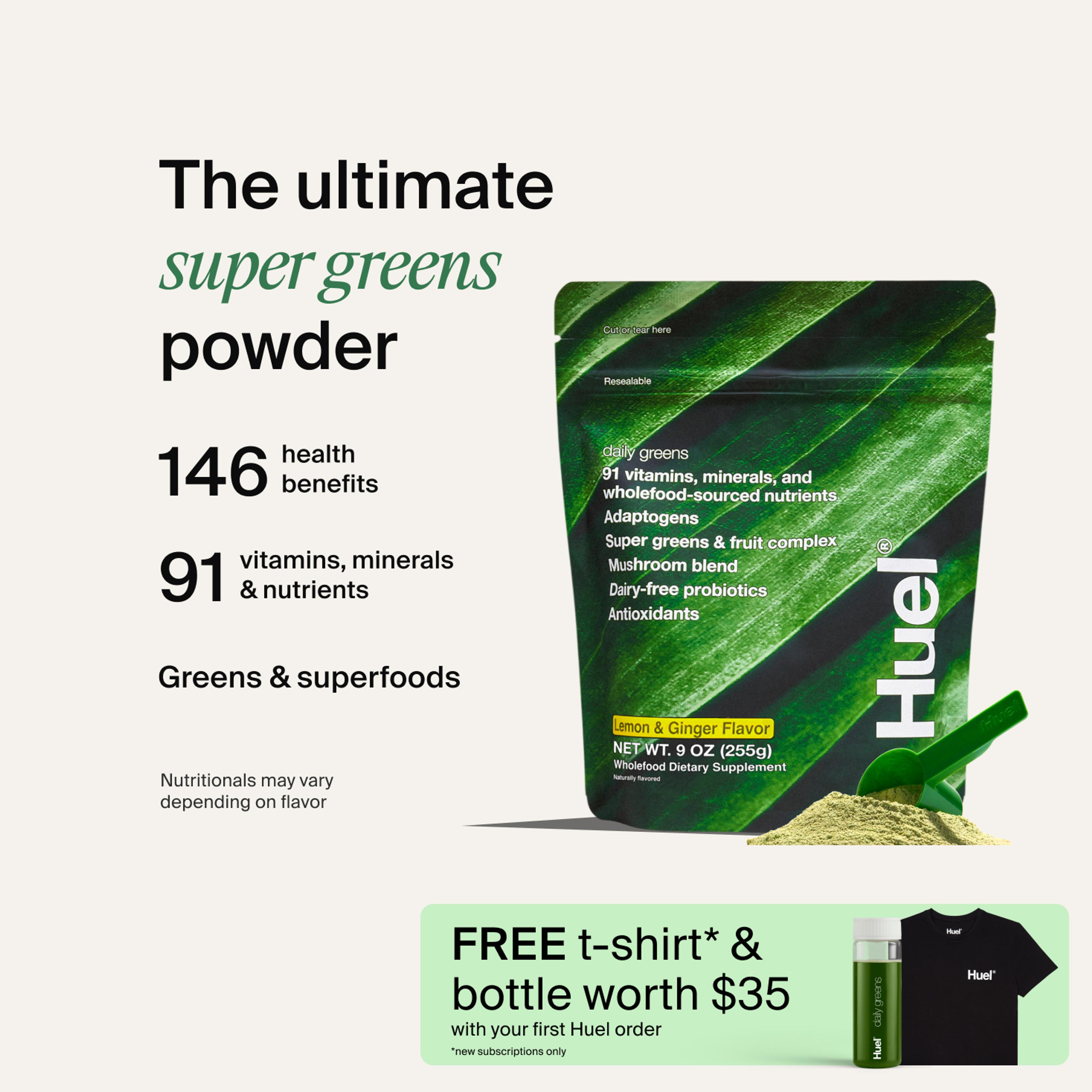 A picture of a Daily Greens bottle with nutrition callouts