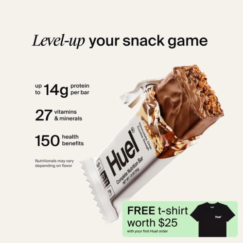 A Huel Complete Nutrition bar with a peanut and caramel filling, set against a beige-colour background