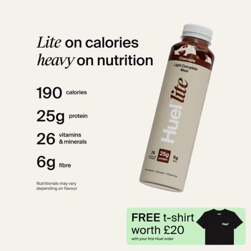 A picture of a Huel's lite ready-to-drink bottle in Chocolate with nutrition callouts