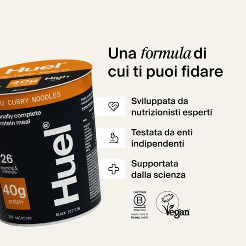 A pot of Huel Lite Ramen next to various callouts and logos
