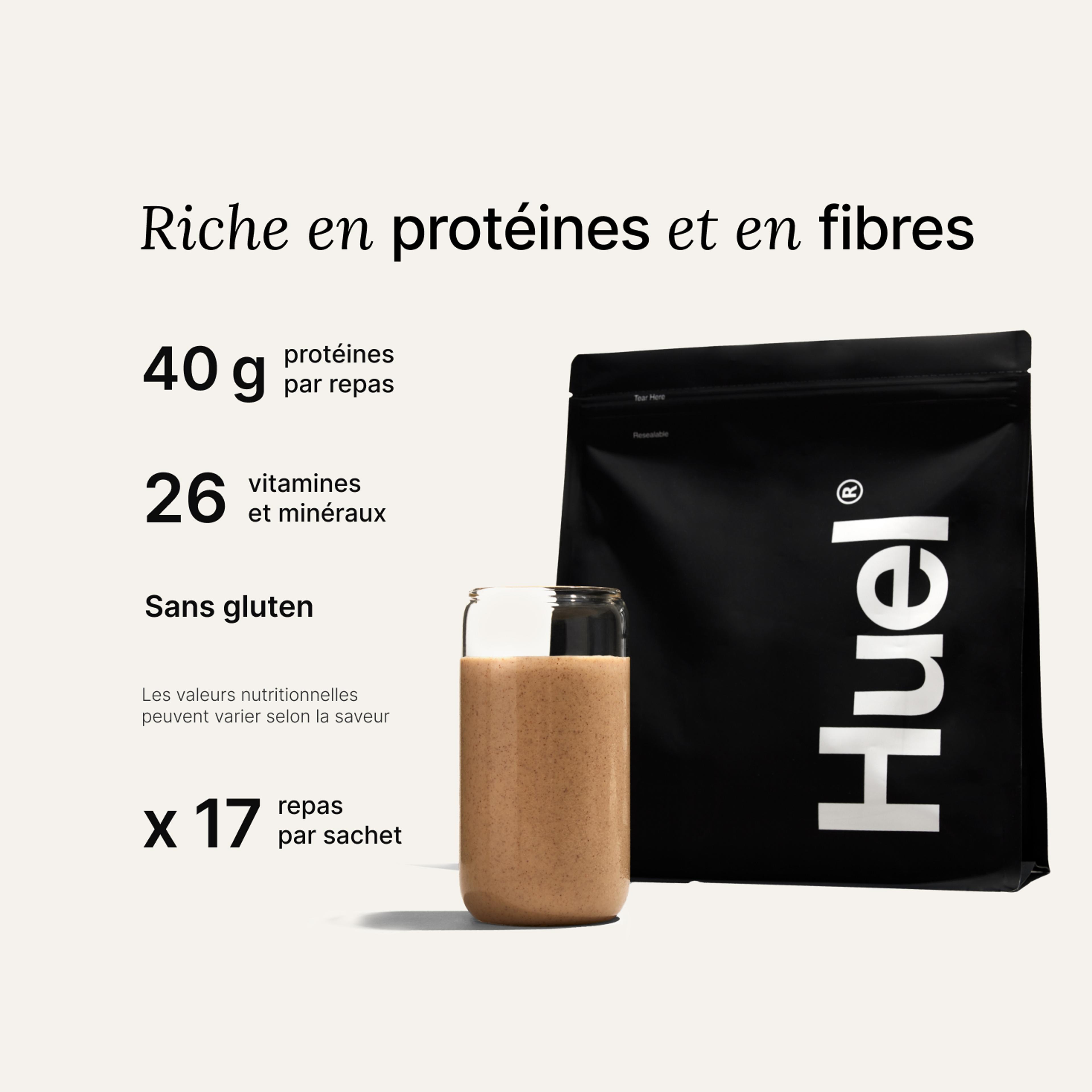 Un sachet de poudre de repas Huel Black Edition 