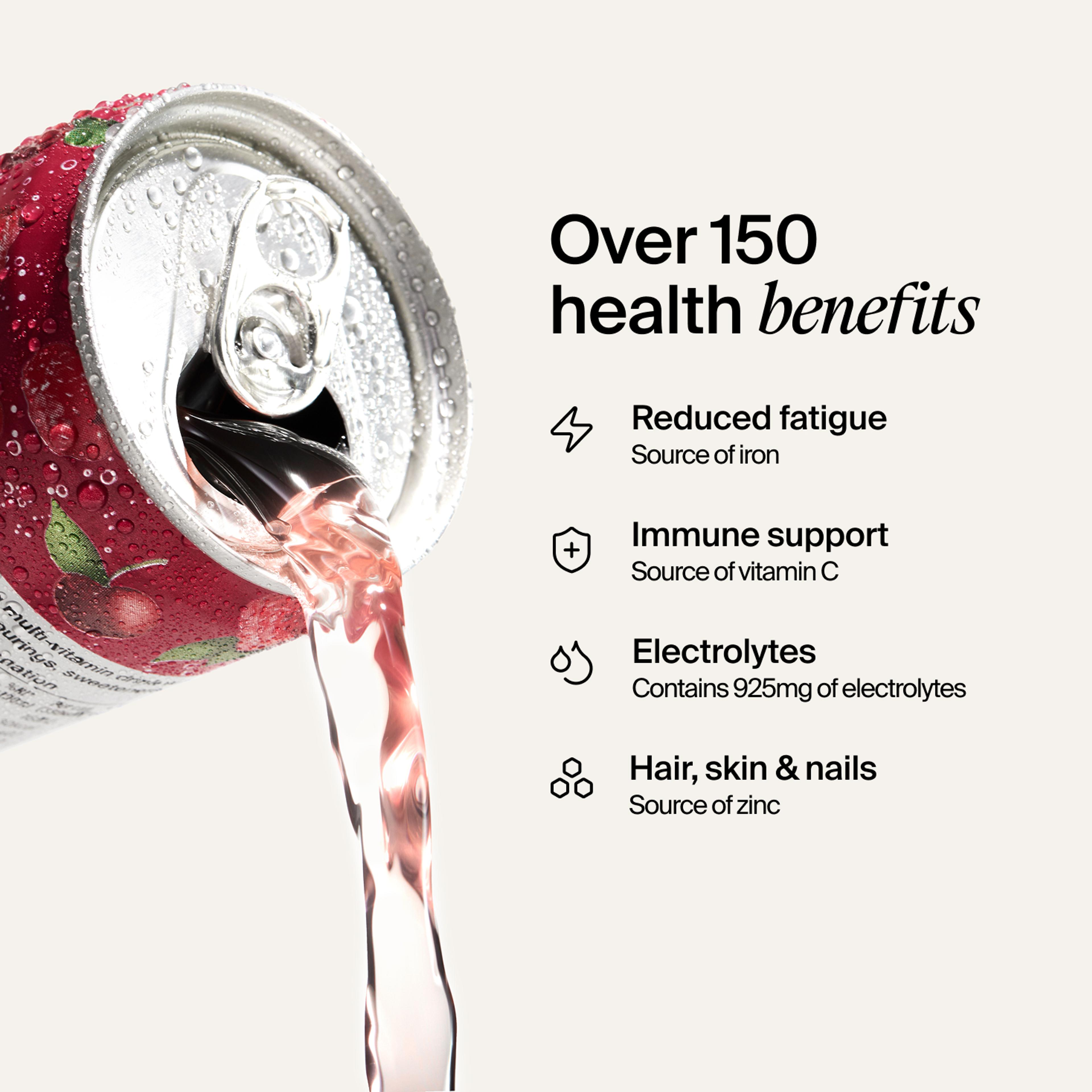 A DAZ can is being poured. It has over 150 health benefits, including reduced fatigue, immune support, electrolytes, hair, skin, and nails. 