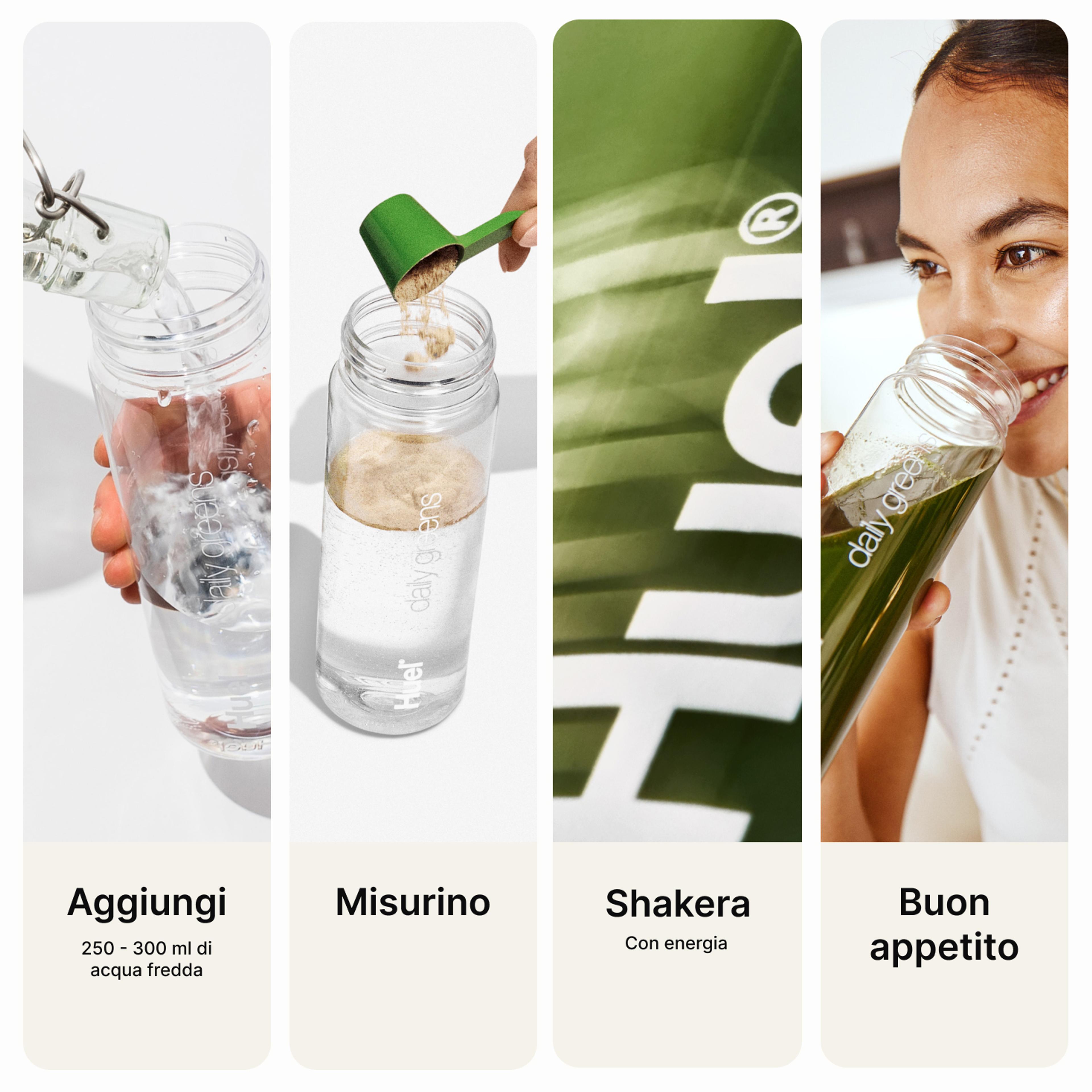 a visual, step-by-step guide for how to prepare the Greens - Add, Scoop, Shake, Enjoy! 