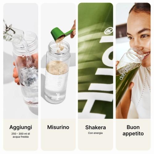 a visual, step-by-step guide for how to prepare the Greens - Add, Scoop, Shake, Enjoy! 