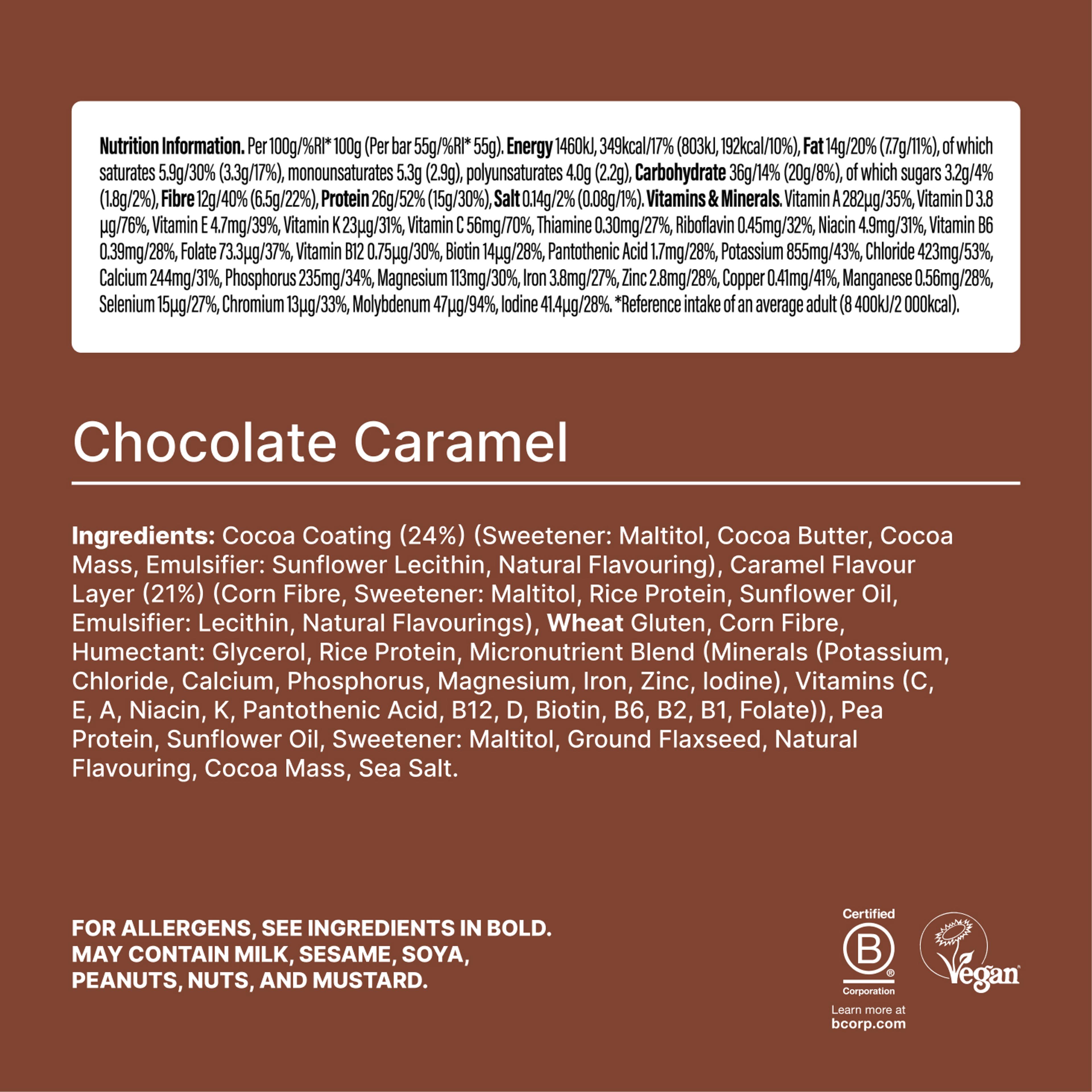 The back-of-pack label of a Huel Complete Nutrition Bar accompanied by images of ingredients