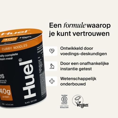 A pot of Huel Lite Ramen next to various callouts and logos