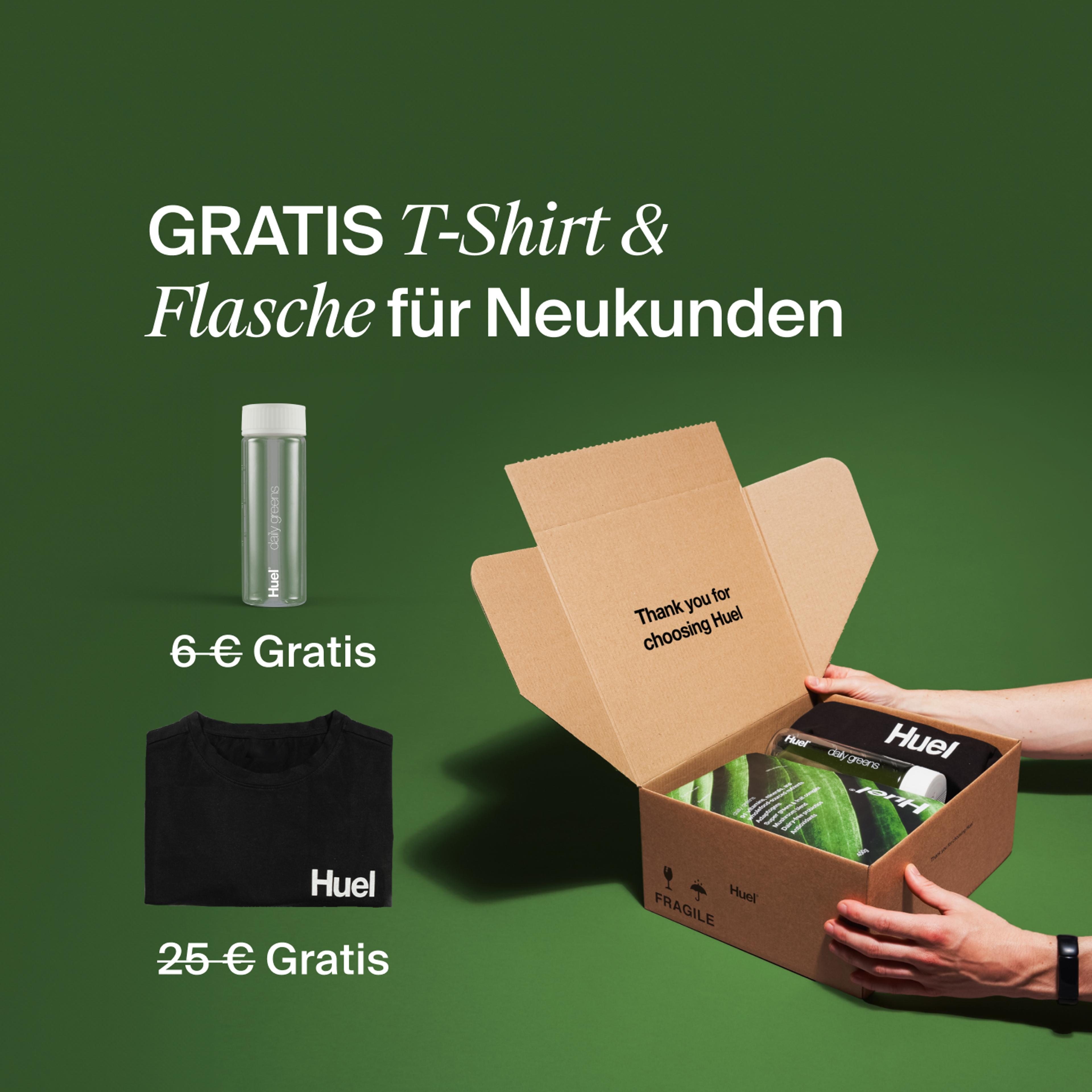 Unboxing a Huel order containing Daily Greens powder, a black Huel t-shirt, and a clear bottle, set against a green background.