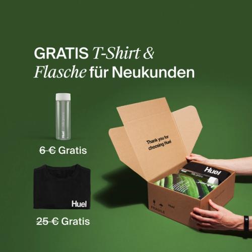 Unboxing a Huel order containing Daily Greens powder, a black Huel t-shirt, and a clear bottle, set against a green background.