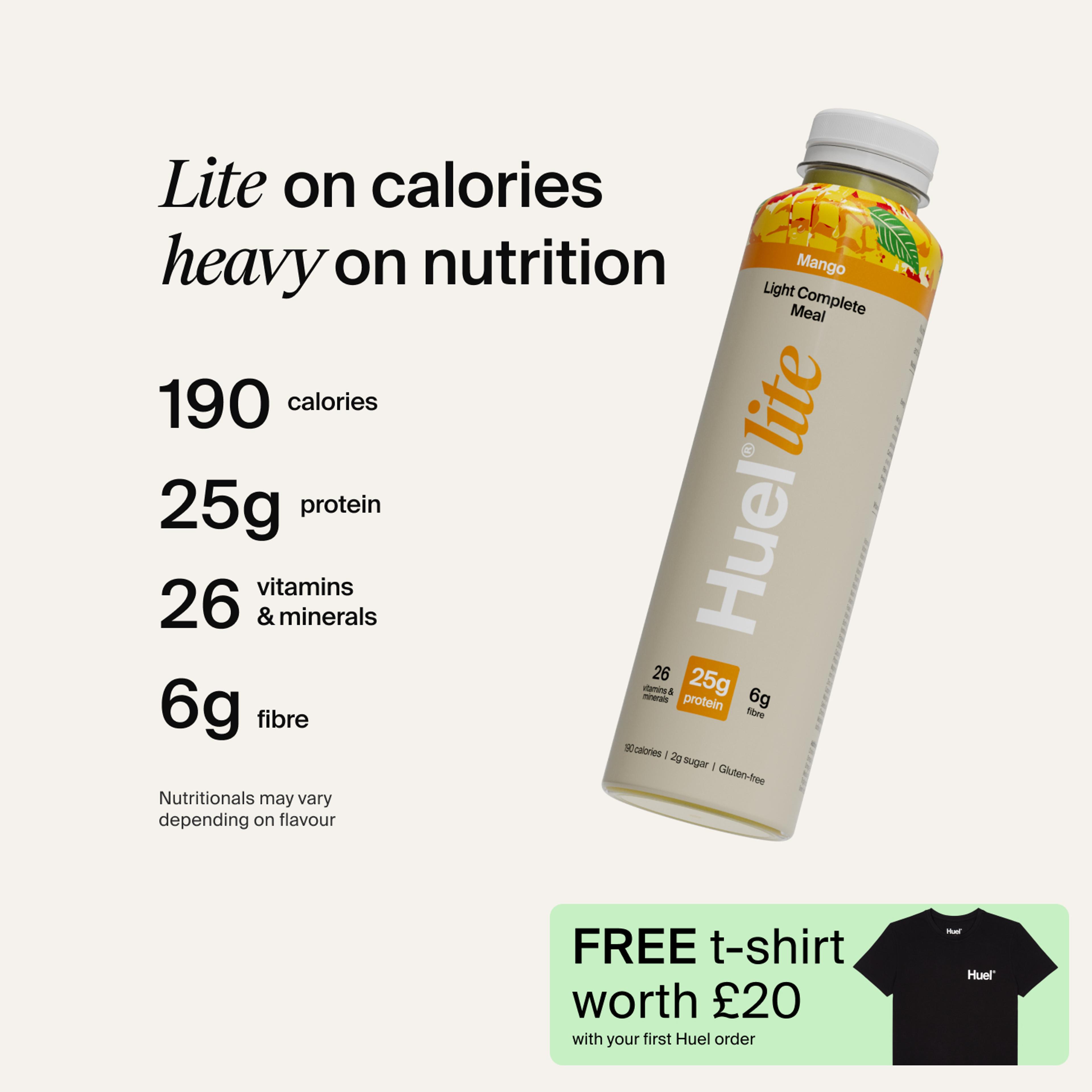 A picture of a Huel's lite ready-to-drink bottle in Mango with nutrition callouts