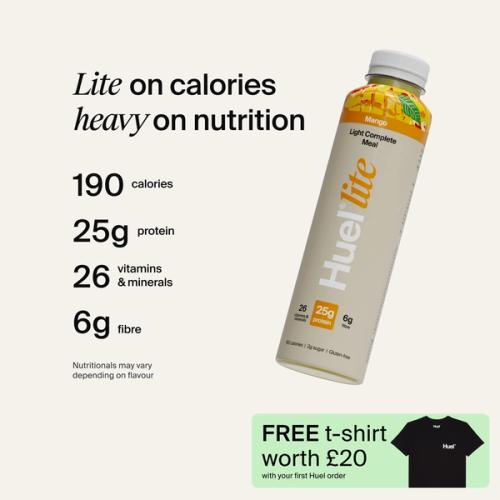 A picture of a Huel's lite ready-to-drink bottle in Mango with nutrition callouts