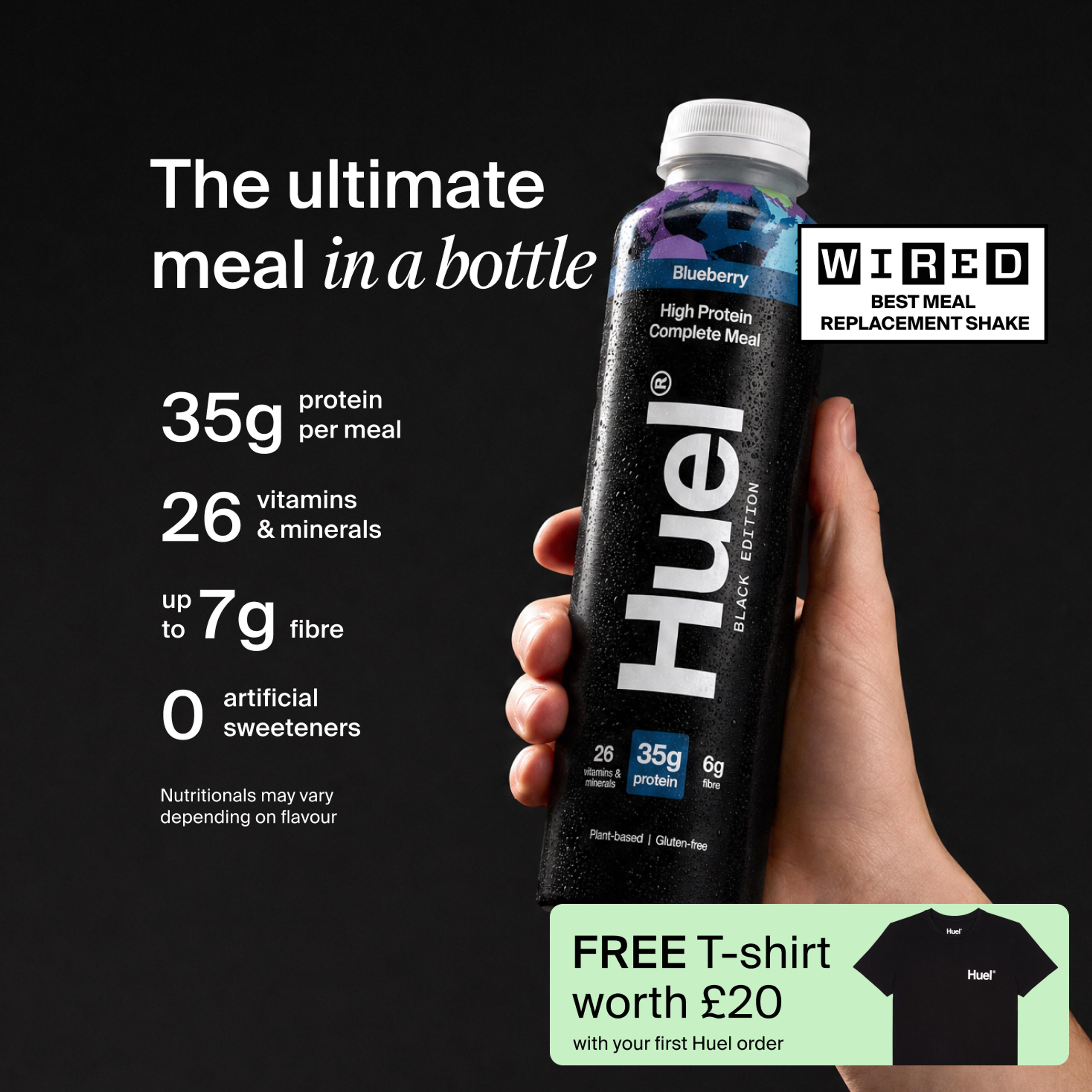 Huel Black Edition Ready-to-drink bottle held in hand, alongside text highlighting 35g protein, 26 vitamins and minerals, up to 7g fibre, and no artificial sweeteners.