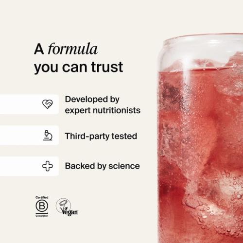 A formula you can trust. Developed by expert nutritionists, rigorously tested, and backed by science. Featuring the logos for Certified B Corps, KLBD, and Vegan society