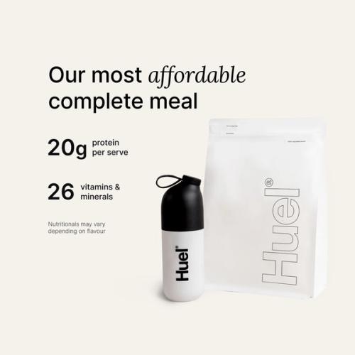 A white pouch of Huel Essential and a Huel shaker on a neutral colour background