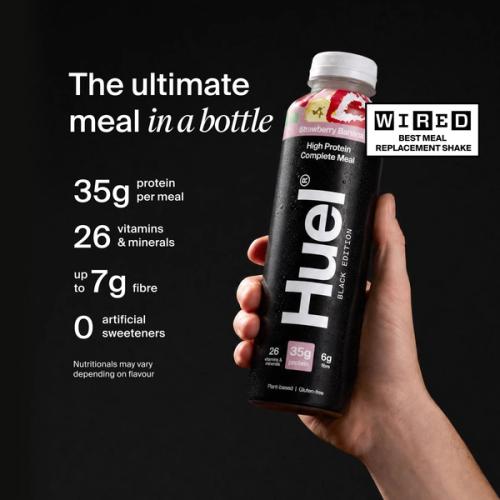 Huel Black Edition Ready-to-drink bottle held in hand, alongside text highlighting 35g protein, 26 vitamins and minerals, up to 7g fibre, and no artificial sweeteners.