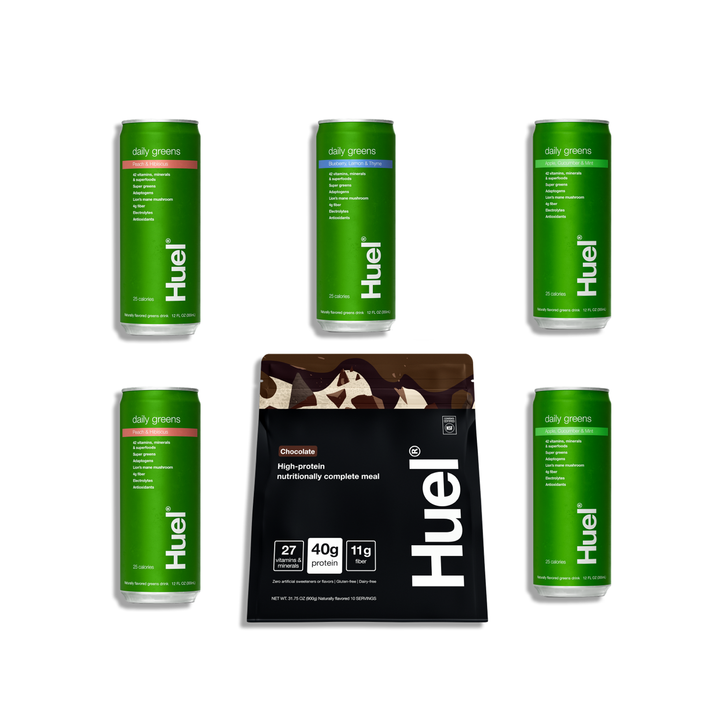 A flatlay grid image containing a bag of Huel Black Edition powder next to cans of Huel Greens Ready-to-drink
