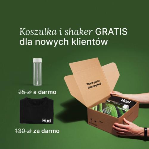 Rozpakowywanie zamówienia Huel zawierającego proszek Daily Greens, czarną koszulkę Huel i przezroczystą butelkę na zielonym tle.