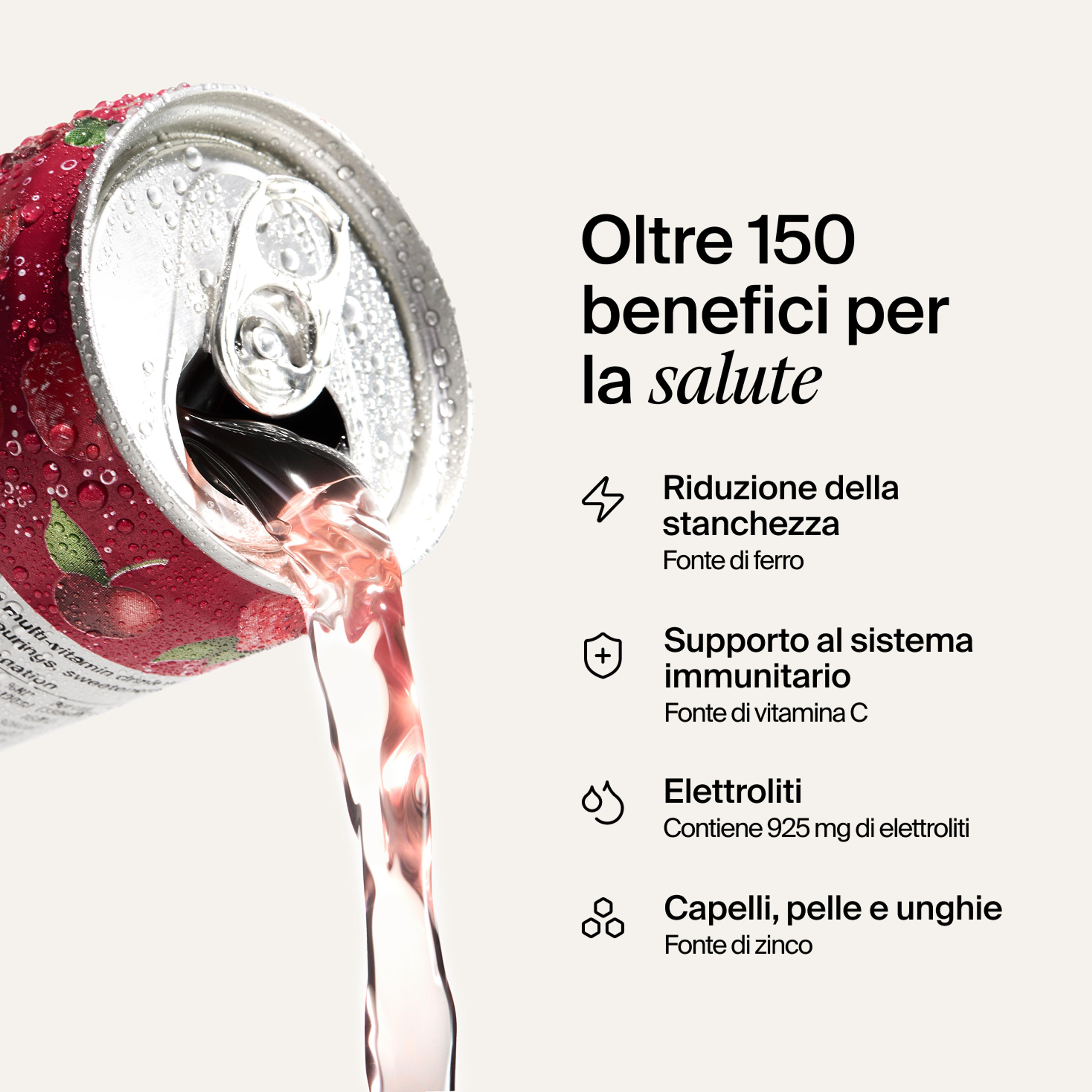 Viene versata una lattina di DAZ. Offre oltre 150 benefici per la salute, tra cui la riduzione della stanchezza, il supporto al sistema immunitario, l’apporto di elettroliti e il benessere di capelli, pelle e unghie. 