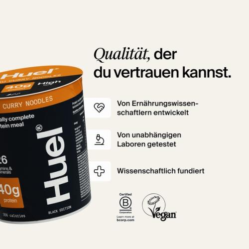 A pot of Huel Lite Ramen next to various callouts and logos