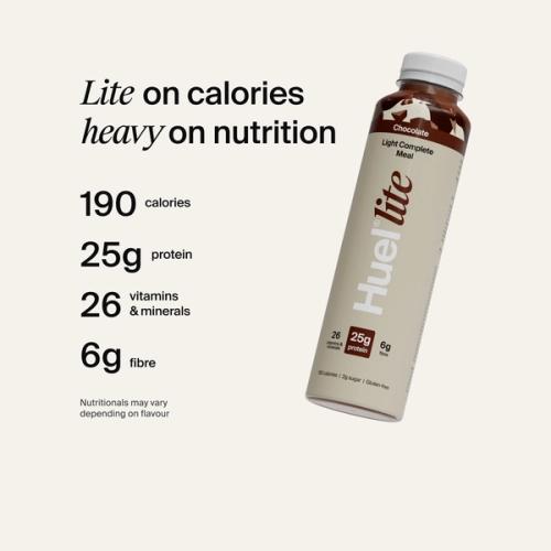 Alt: Huel Ready-to-drink Lite bottle, alongside text highlighting 190 calories, 25g protein, 26 vitamins and minerals, and 6g fibre.