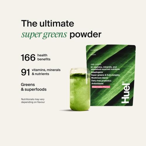Alt: Huel Daily Greens powder with a prepared greens drink, alongside text highlighting 166 health benefits, 91 vitamins, minerals and nutrients, plus greens and superfoods.