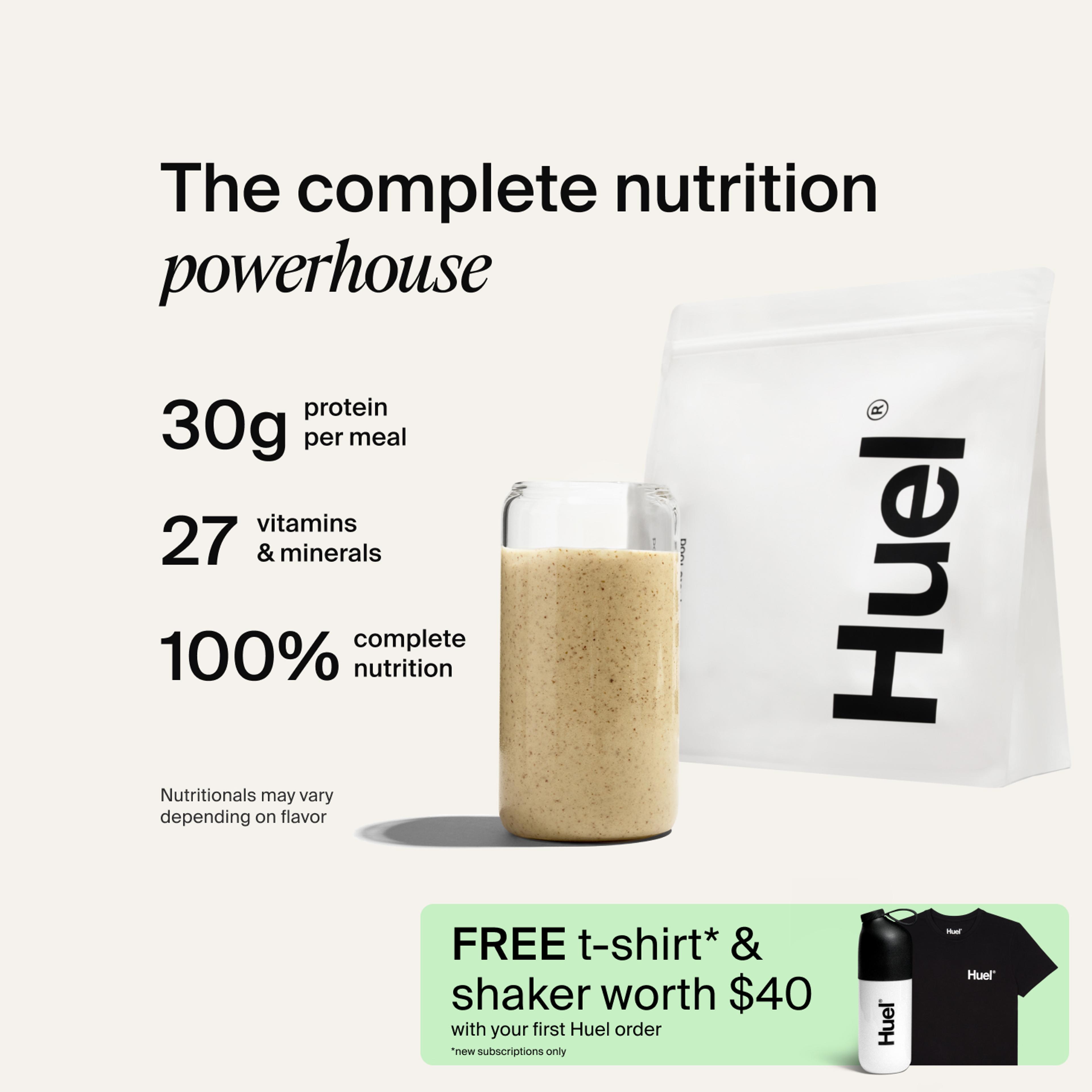 A bag of Huel powder next to a glass containing a Huel drink on a neutral background