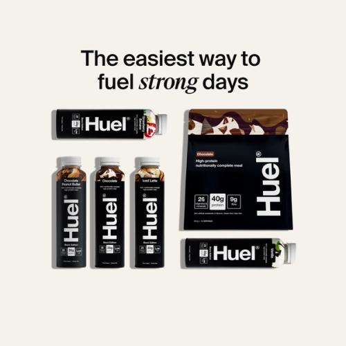 Alt: Huel Black Edition Powder and Ready-to-drink products, alongside text reading “The easiest way to fuel strong days.”