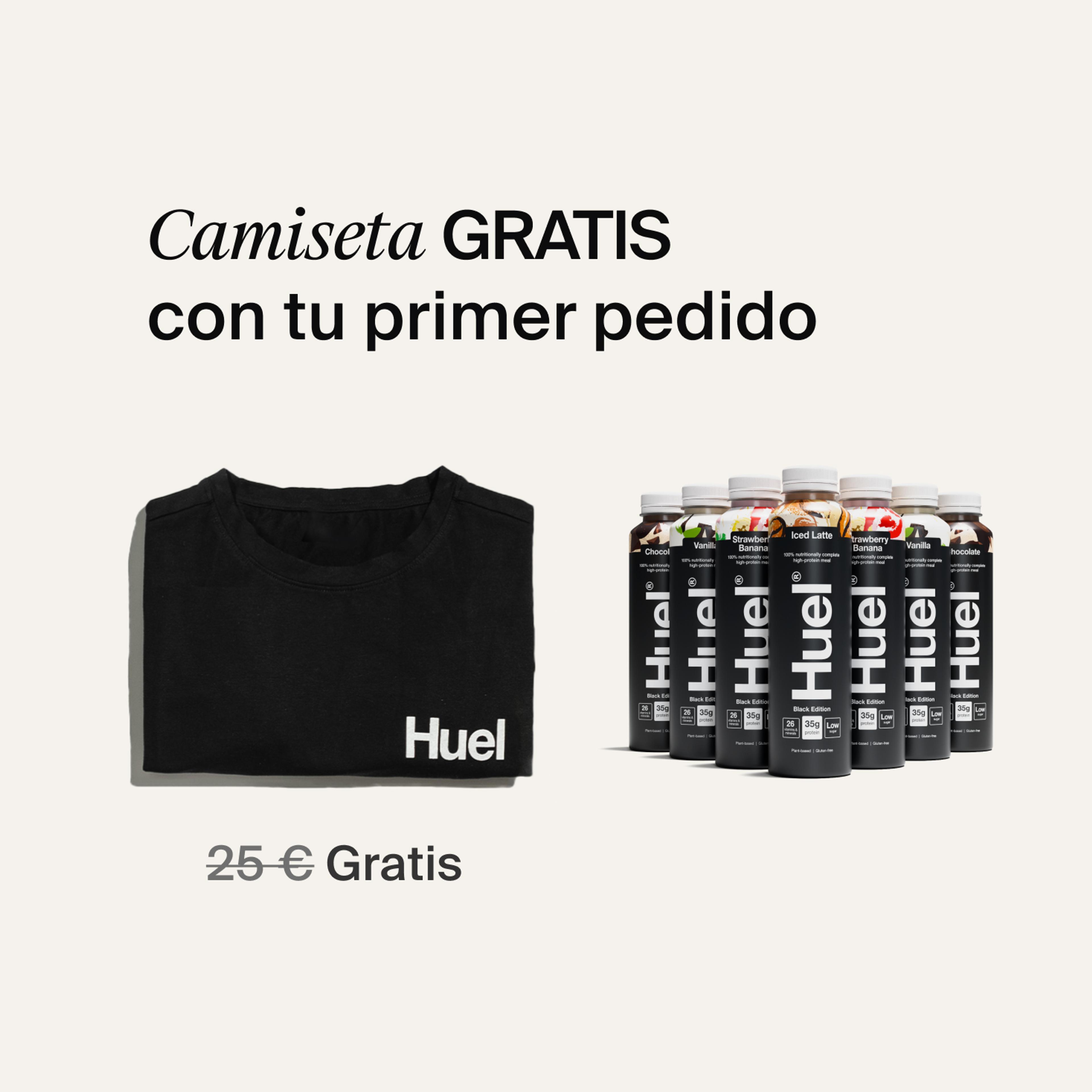 A selection of Huel Black Edition Ready-to-drink protein drinks next to a folded Black Huel t-shirt