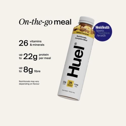 Alt: Huel Ready-to-drink bottle, alongside text highlighting 26 vitamins and minerals, up to 22g protein per meal, and up to 8g fibre.