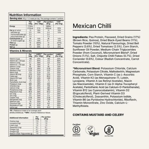 Back of a Huel Hot & Savoury meal pack with nutritional information