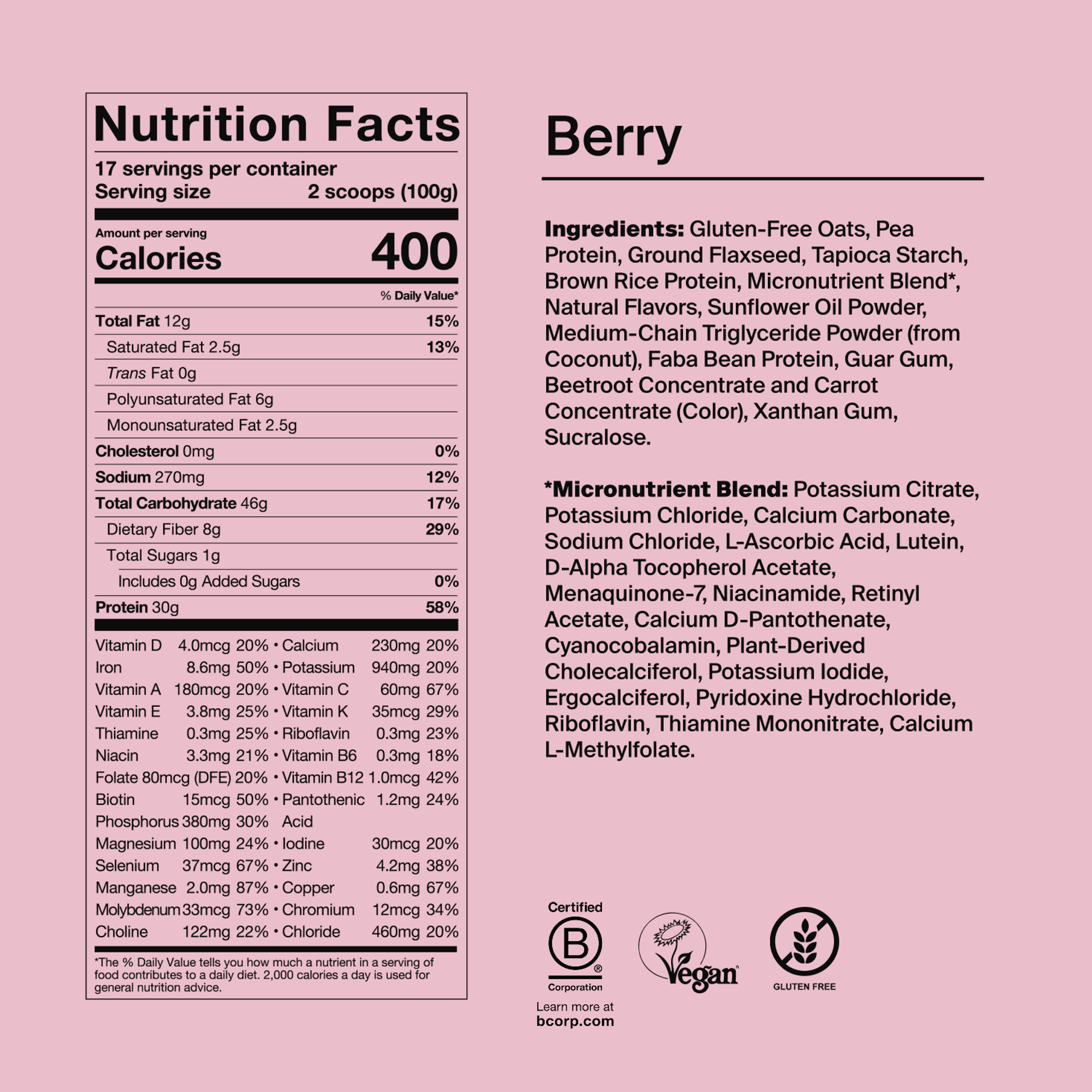 Back of pack nutritional information for Huel Powder