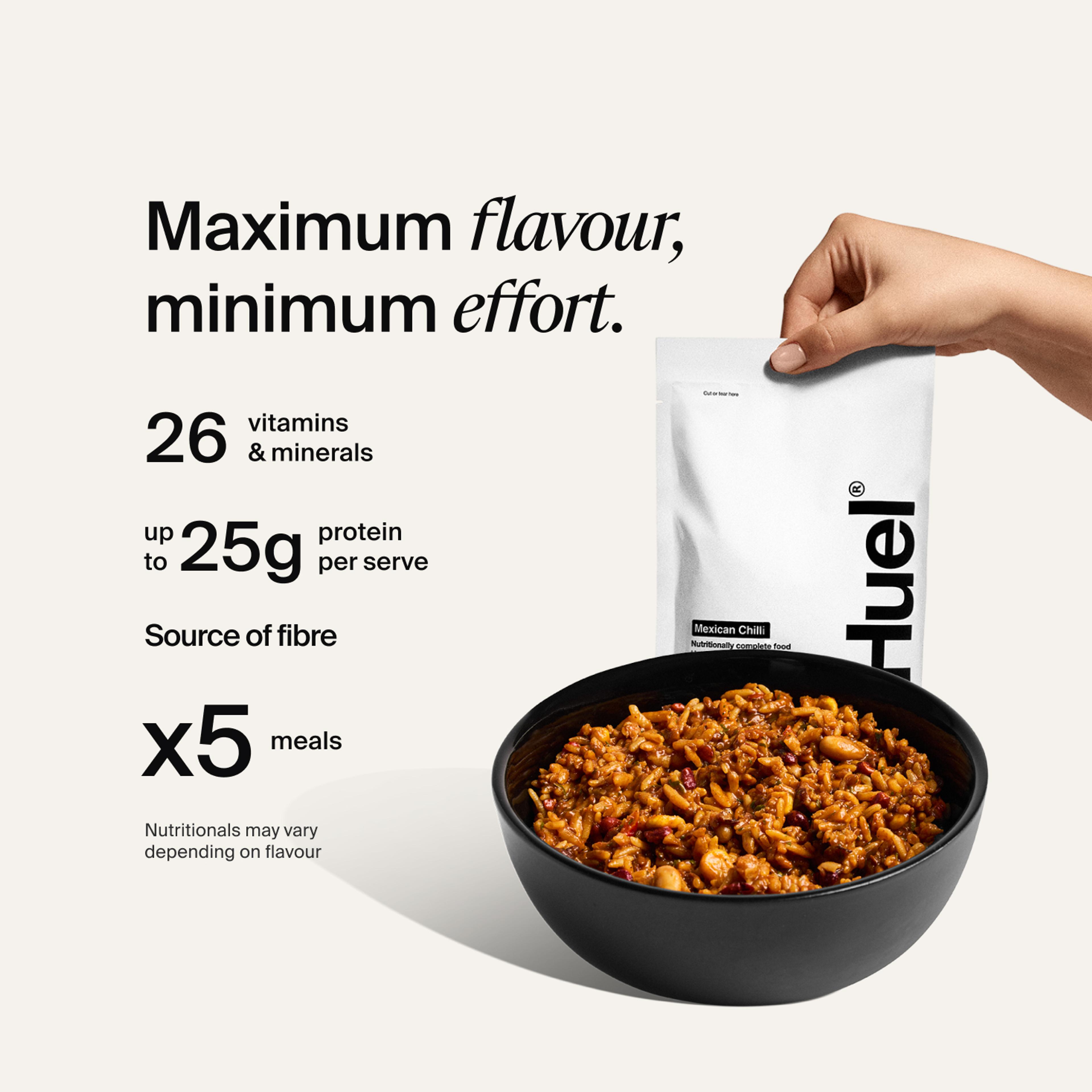 Huel Hot & Savoury Meal Packs set against a neutral colour background with health benefits written beside it