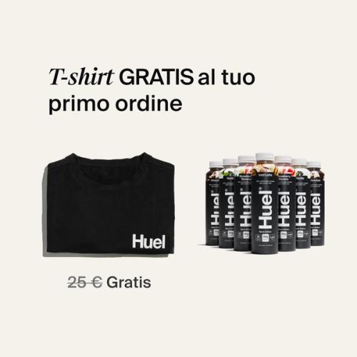Open brown cardboard box of Huel products and merchandise, including a black huel t-shirt and shaker