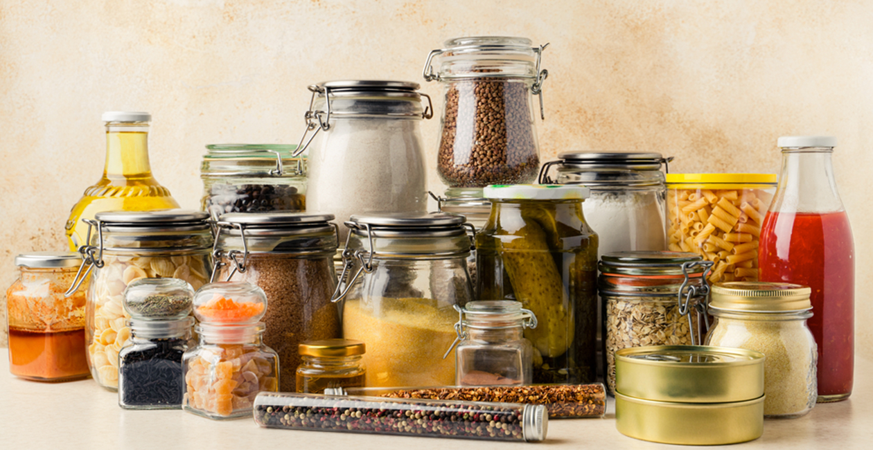 Lots of glass jar full of kitchen cupboard stables
