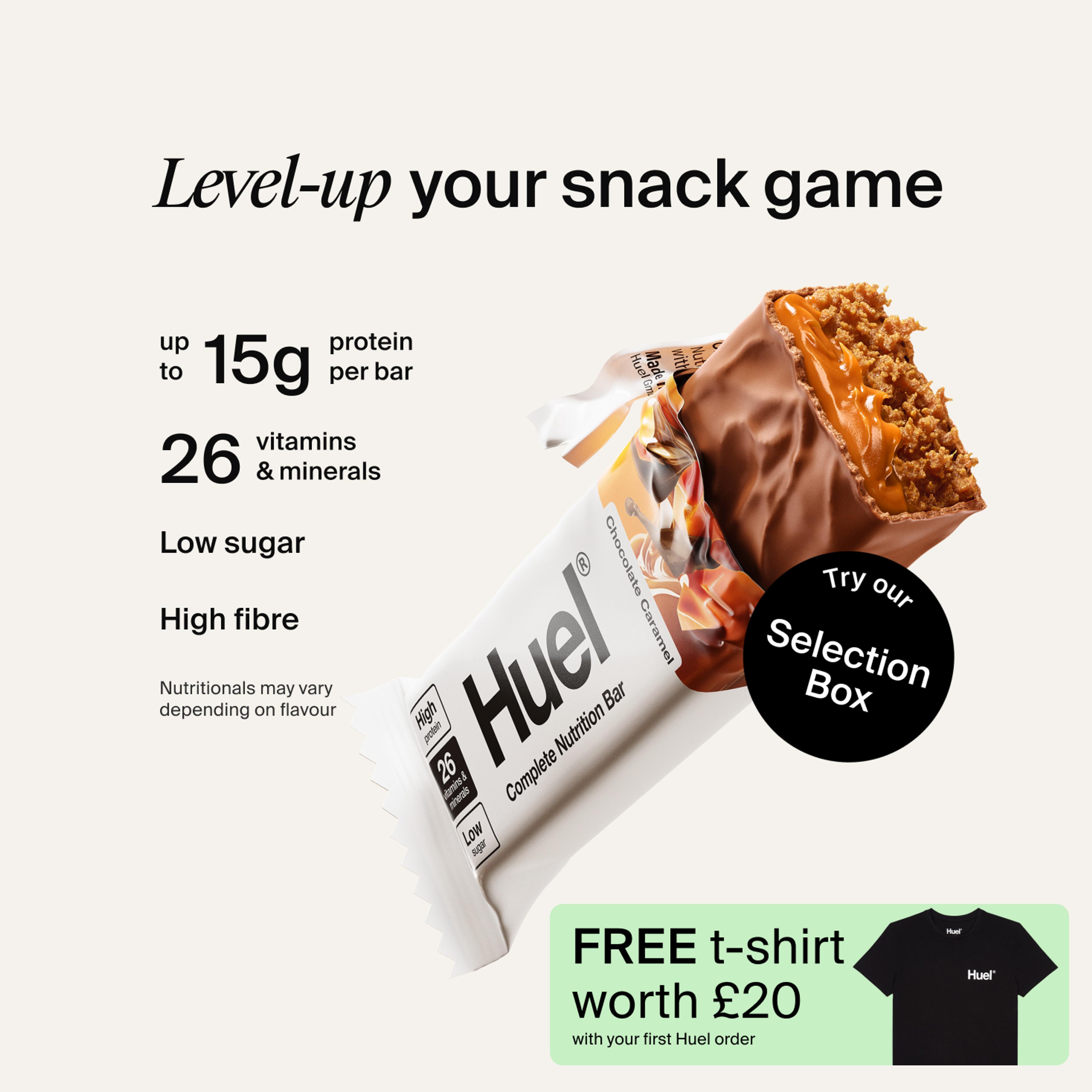 A Huel Complete Nutrition bar with a peanut and caramel filling, set against a beige-colour background