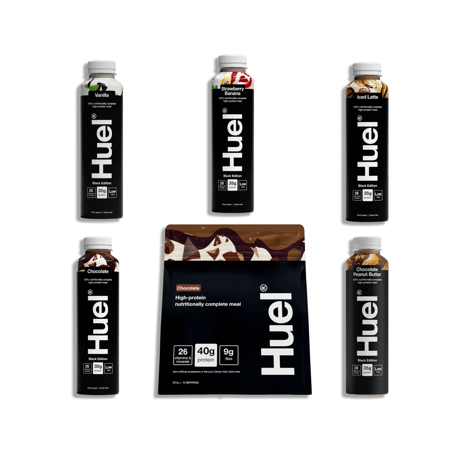 Bag of Black Edition Powder surrounded by bottles of Huel Black Edition Ready-to-drink