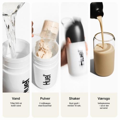 Visuelle instruktioner til, hvordan man tilbereder en Huel-måltidsshake