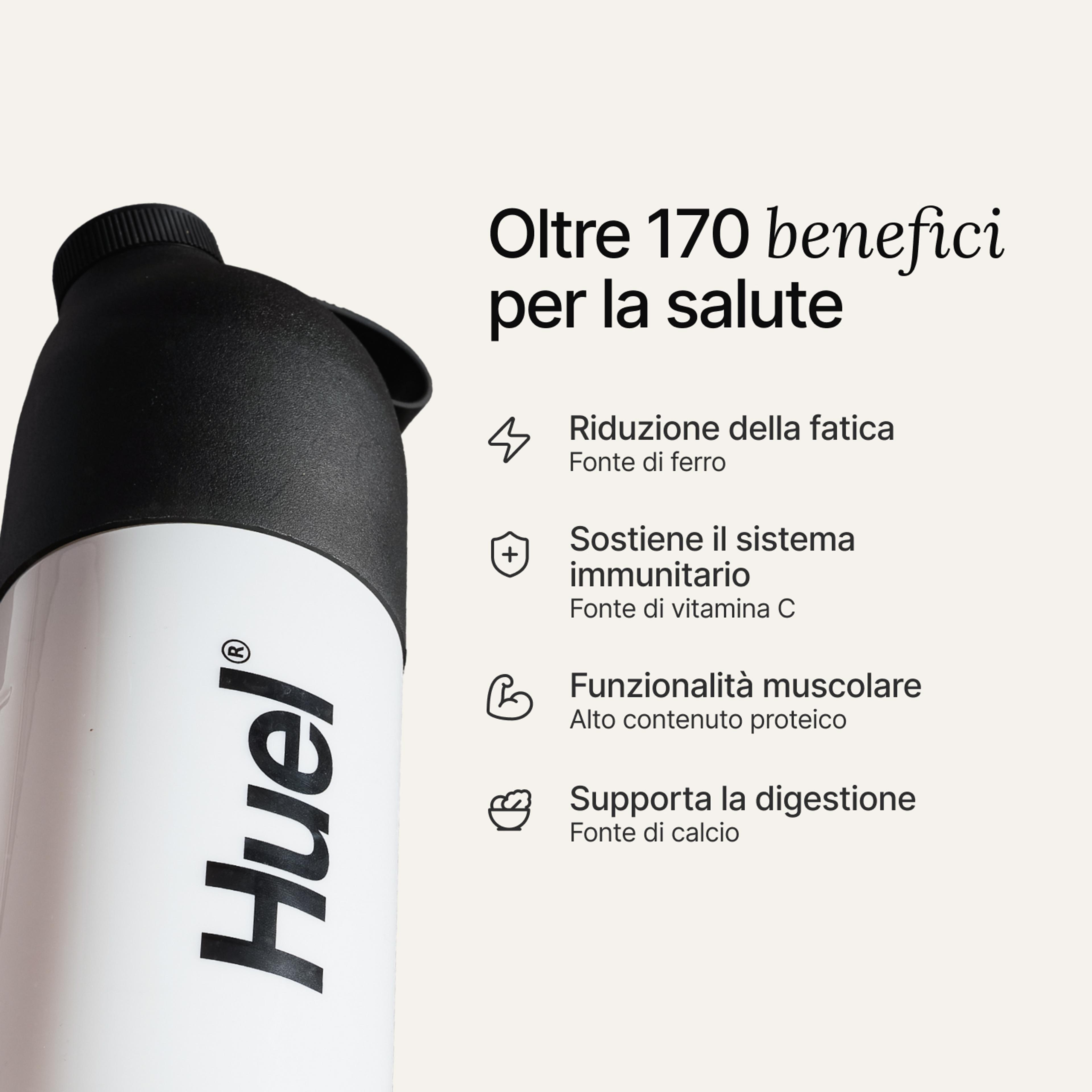 A black and white Huel Shaker set against a neutral background, accompanied by health benefit callouts